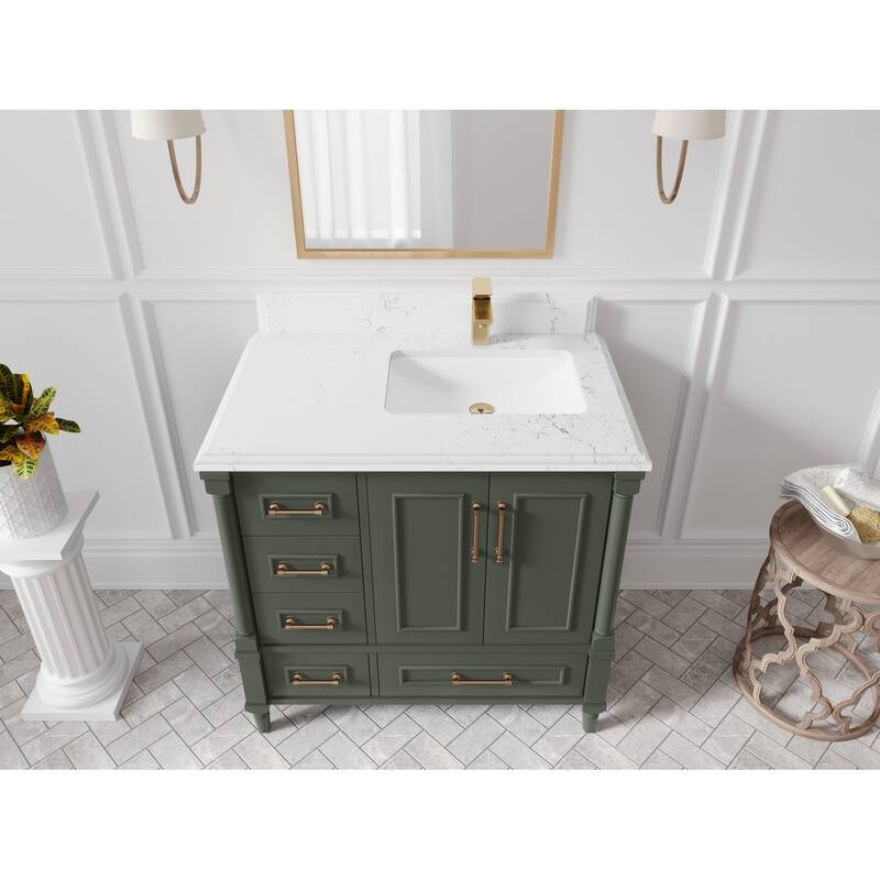 Willow Collections 36 in. W x 22 in. D Aberdeen Right Offset Sink Bathroom Vanity in Pewter Green with Countertop - 1.5" Empira White - Pewter Green