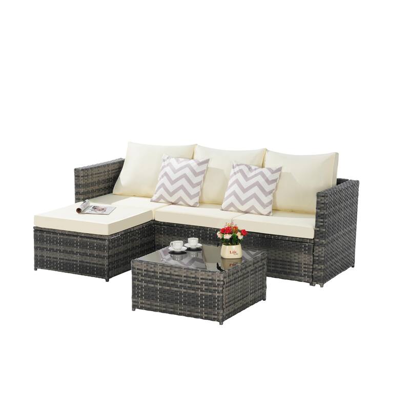 2-Pieces Outdoor Patio L-Shaped Sectional Sofa Set with Glass Coffee Table