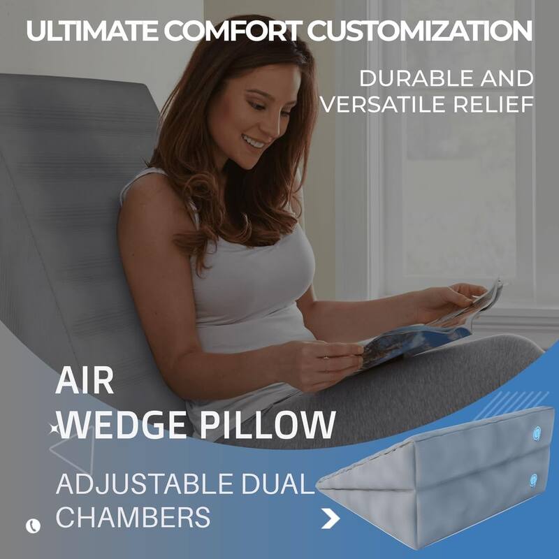 Inflatable Air Wedge Pillow with Dual Adjustable Chambers - Portable Wedge Pillow with Electric Pump Included - Grey