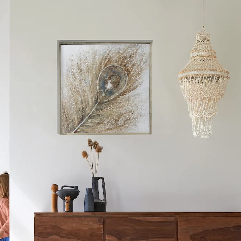 39 x 39 Handpainted Wall Art, Peacock Feather Painting, Blue and Gold
