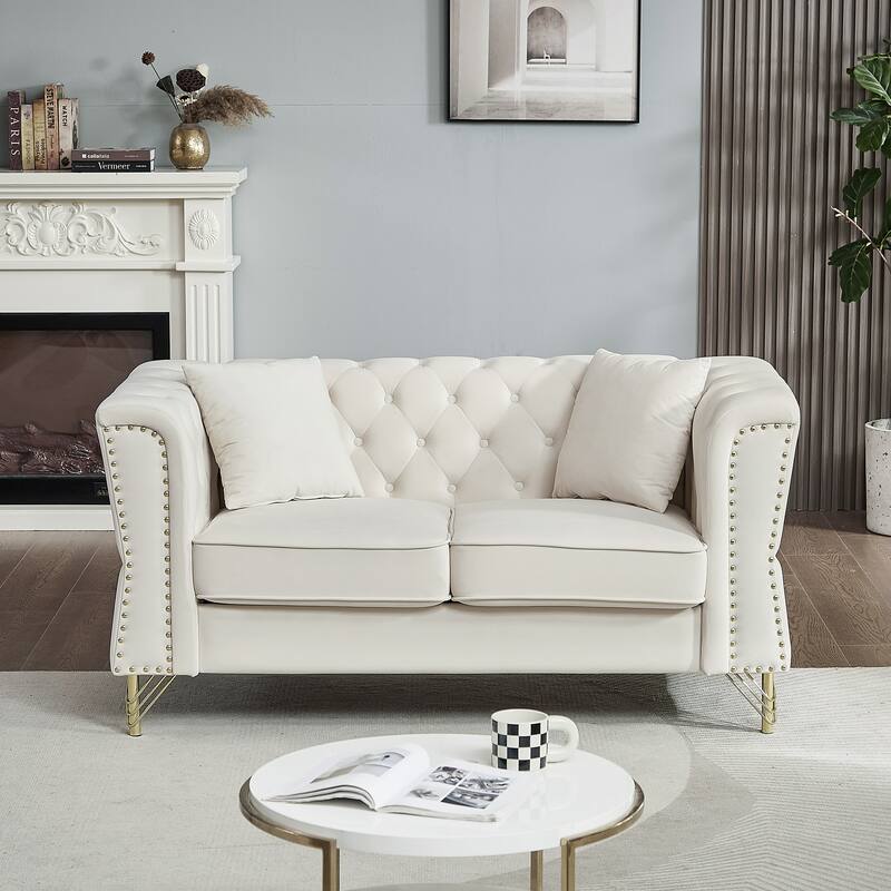 81.8'' Velvet 3-Seater Sofa with Nailhead Trim, 2 Pillows, and Metal Feet, Supported by a Solid Wood Frame