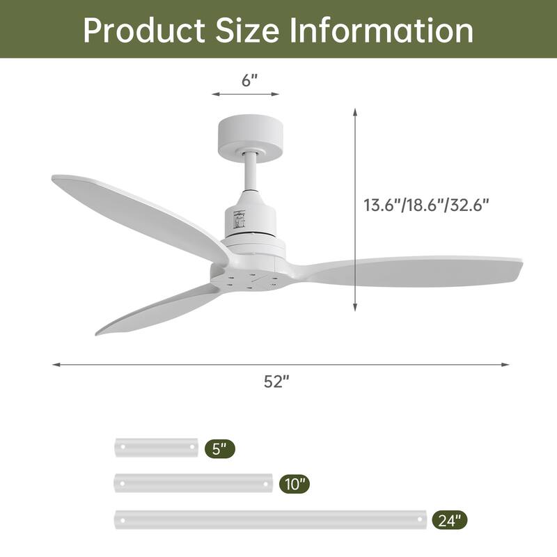 Sofucor 52 Inch Noiseless Ceiling Fan with Dimmable LED Light and Remote, 3 Solid wood Blades,Reversible DC Motor