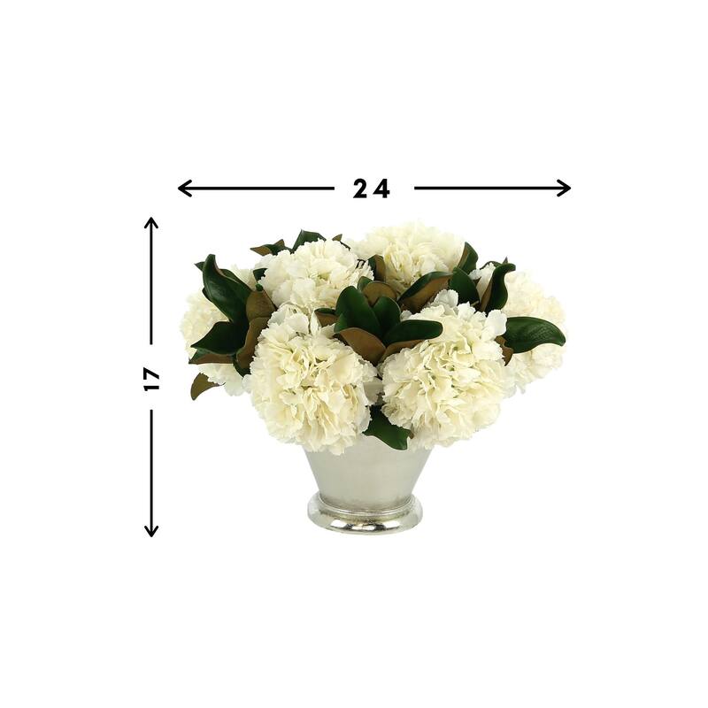 Hydrangea and Magnolia Leaf Arrangement in a Metal Vase - White, Silver