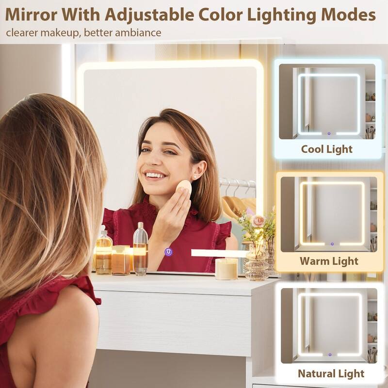 Vanity Desk with Sliding Mirror, LED Lights, Storage Drawers, Charging Station, Stool