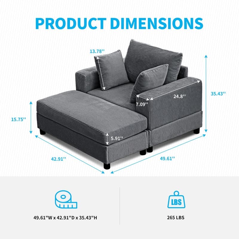 Mixoy 50 "D Sofa Chair with Ottoman, 2 Cushions, Large Corduroy Upholstered Comfy Chaise Lounge Deep Seat Sleeper Chair Indoor