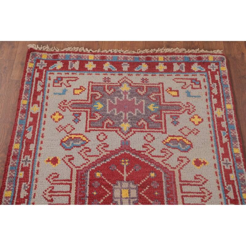 Geometric Grey Kazak Oriental Runner Rug Handmade Wool Carpet - 2'6"x 8'2"