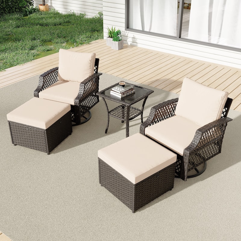 Outdoor Wicker Patio Set w Swivel Chairs & Sofa, Ottomans and Tables, Modular 3/5/6/7-Piece, All-Weather Conversation Set.