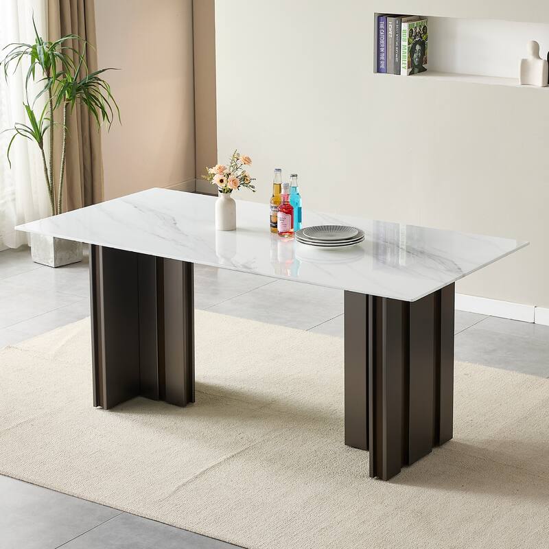 69.30 Inch Rectangular Dining Table, Modern Style, Tempered Glass With Marble Texture Tabletop, Suitable For 4-6 People