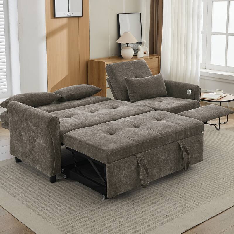 2-in-1 Chenille Sleeper Sofa, Living Room 3 Seater Sofa with a Reversible Recliner Sofa