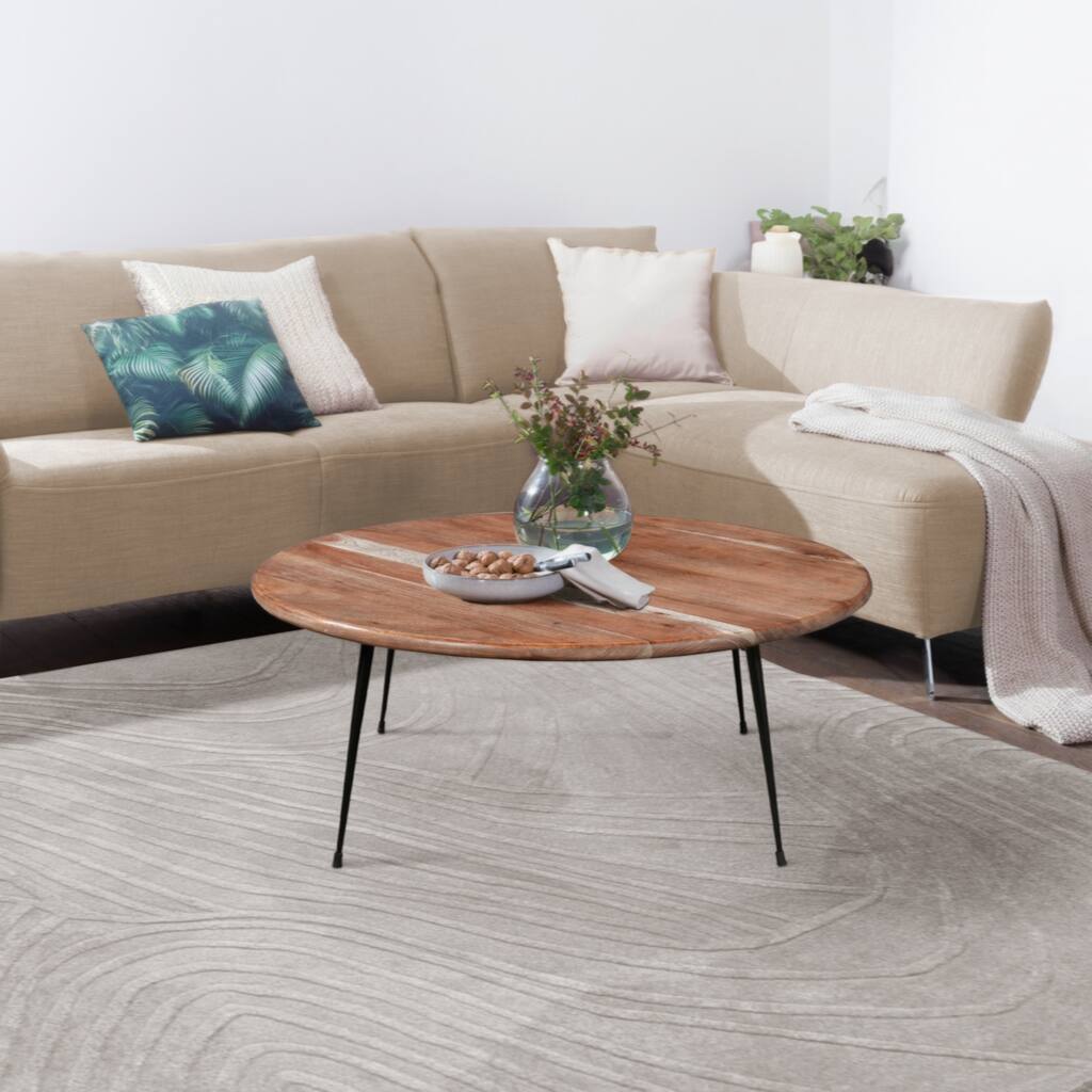 35 Inch Coffee Table, Round Sandblasted Brown Acacia Wood Top, Sleek Iron Legs