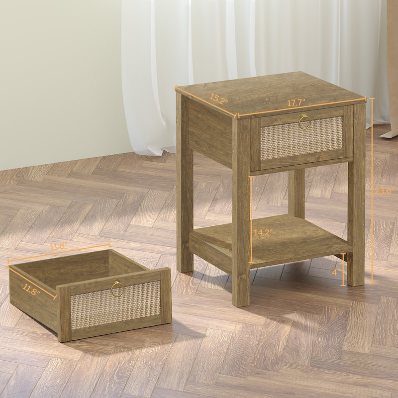 SICOTAS Farmhouse 1-Drawer Rattan Nightstand Set of 2