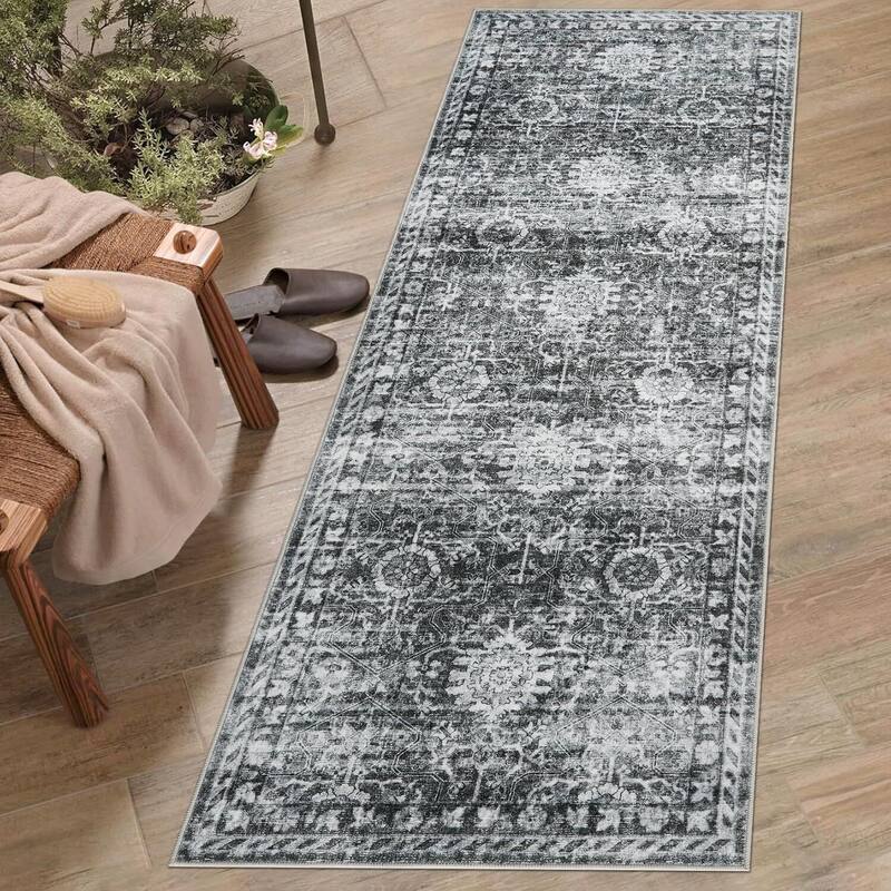 Vintage Boho Washbale Floor Cover Area Rug for Bedroom, Living Room, Black + Grey - 1'6" x 2'6"