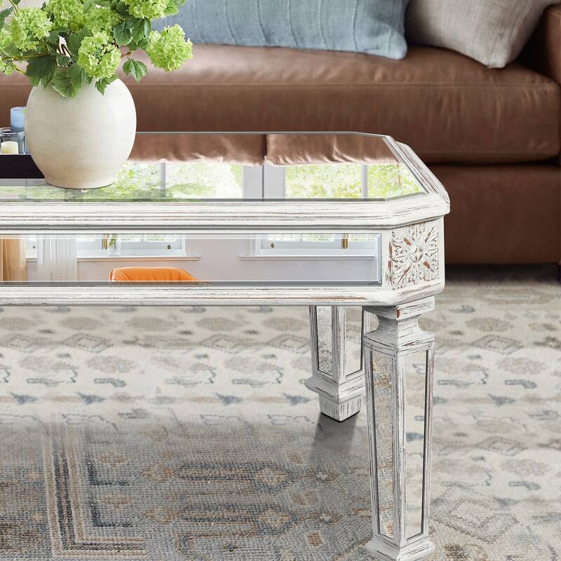 GDF Studio - Lorent Modern Mirrored Coffee Table with Carved Wood Accents
