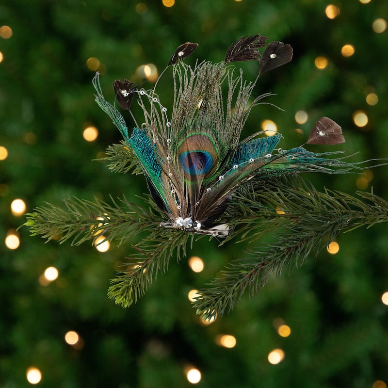 Peacock Ocelli Feather Clip-On Christmas Ornament -6" - Brown, Green and Blue