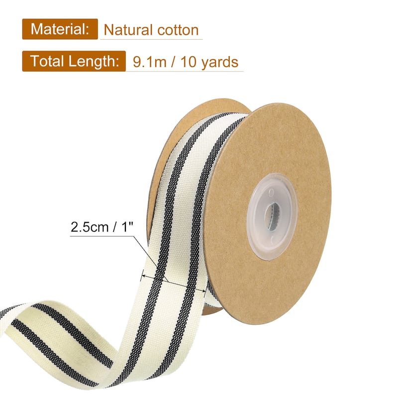 Natural Cotton Stripes Ribbon - Natural with Black - 1"
