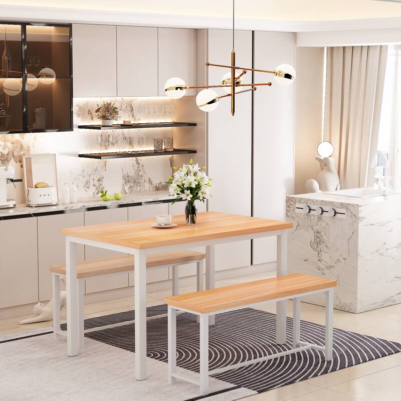 Dining Table Set with Bench, 3 Pieces Dining Furniture Set Kitchen Table Set for Kitchen, Dining Room, Living Room - Beige