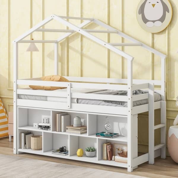 slide 2 of 7, Twin Size Pine Wood House-Shaped Loft Bed with Roof Frame, Kids Storage Bed with Removable Shelving, Guardrails, Ladder, White White - Twin