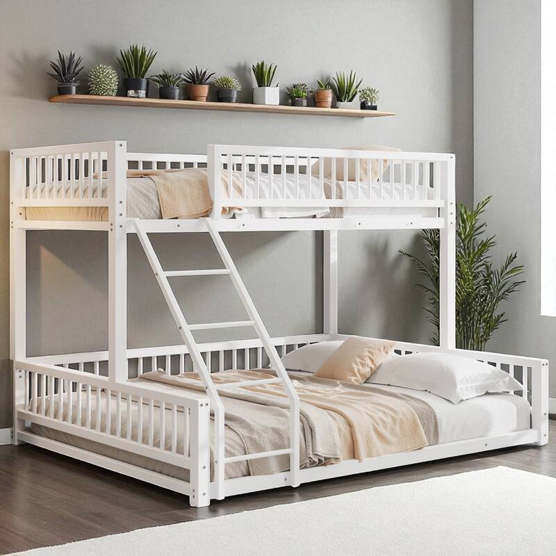 Metal Twin XL/Full XL over Queen Bunk Bed Frame with Ladder, Safety Rails, Space-Saving Floor Design - White - Twin XL