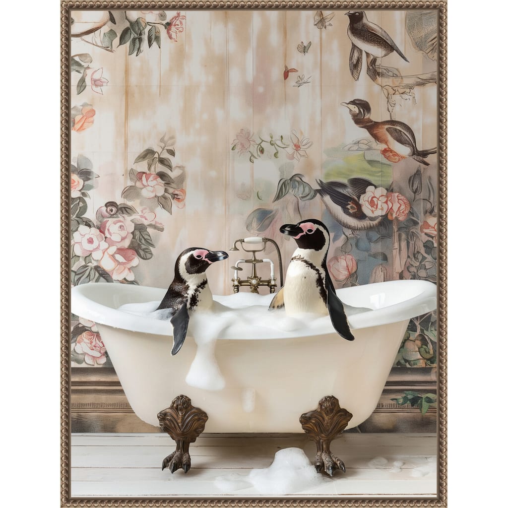 Penguin Pals in a Bubble Bath by Niky Rahner Framed Canvas Wall Art