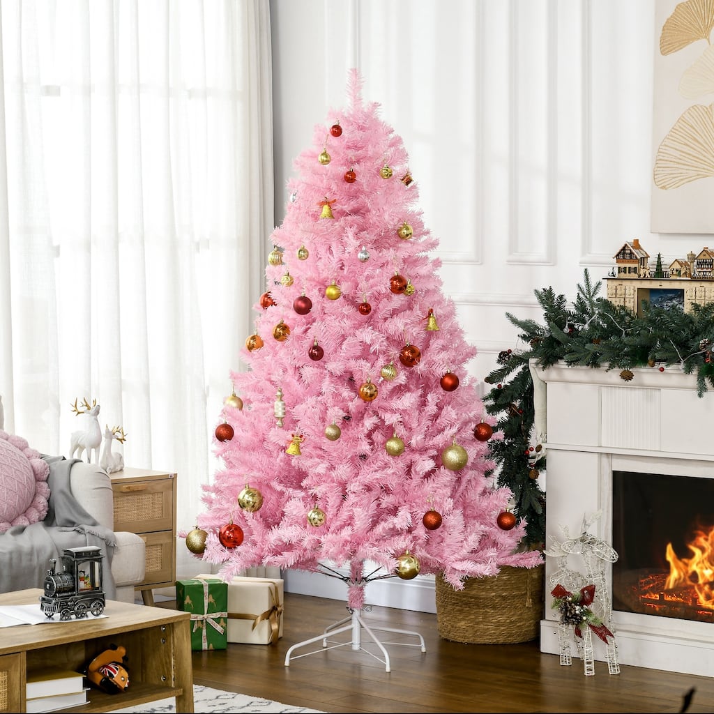 HOMCOM 6ft Tall Artificial Christmas Tree Holiday Décor with 1000 Branches, Auto Open, Steel Base, Wide Shape, Pink - 5.89 ft