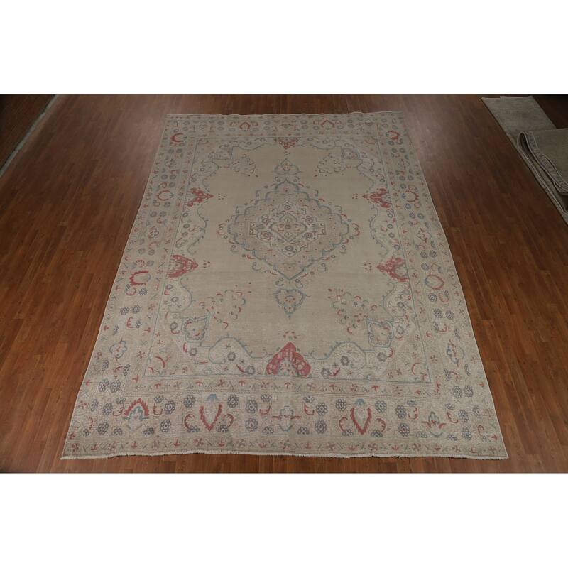 Medallion Tabriz Persian Area Rug Hand-Knotted Beige Wool Carpet - 9'2"x 12'8"
