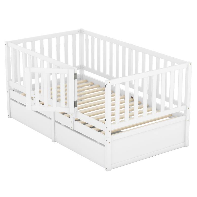 Modern Wood Daybed with Fence Guardrails and 2 Drawers