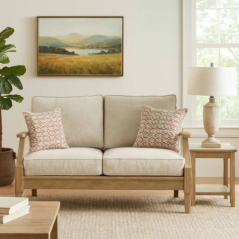 Traditional Wooden Loveseat with Fabric Cushioned Seating, Beige and Brown