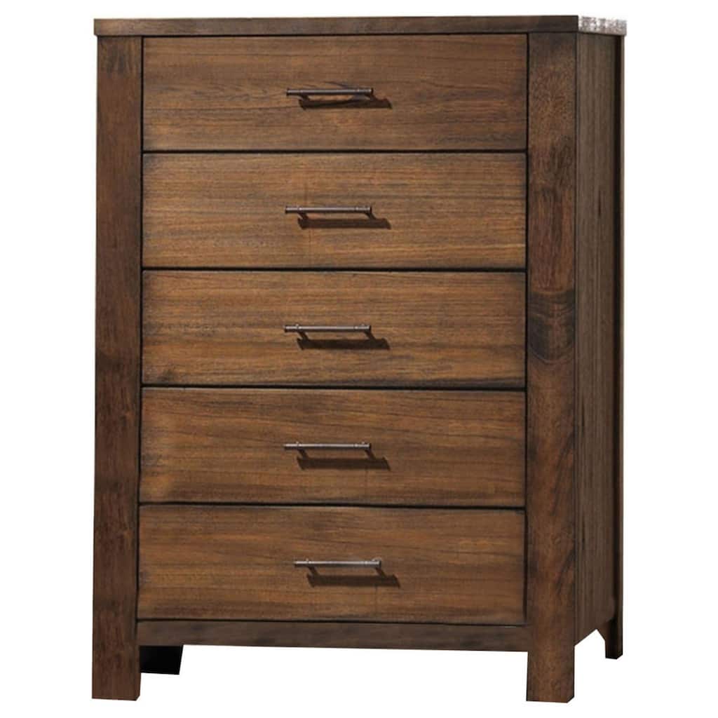 Tiva 48 Inch Tall 5 Drawer Dresser, Metal Handles, Distressed Oak Brown