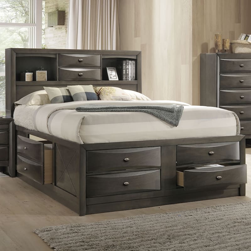 Furniture of America Brent Storage Platform Bed with Drawers and Bookcase Headboard - Grey - King