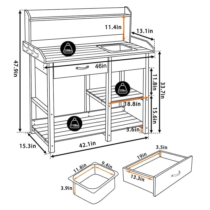 VEIKOUS Outdoor Wood Garden Multi - Functional Potting & Planting Workbench with Shelves