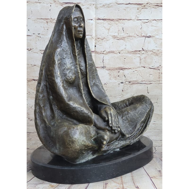 Native American Indian Shaman Medicine Man Sitting Cross Legged Bronze Statue Sculpture