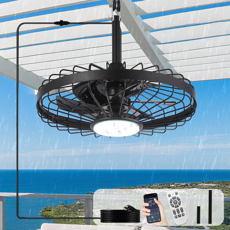 Outdoor Ceiling Fan with Light: 20 Inch Waterproof Gazebo Hanging - Plug in Remote App Control Caged Fans - 6 Speed Black - Black