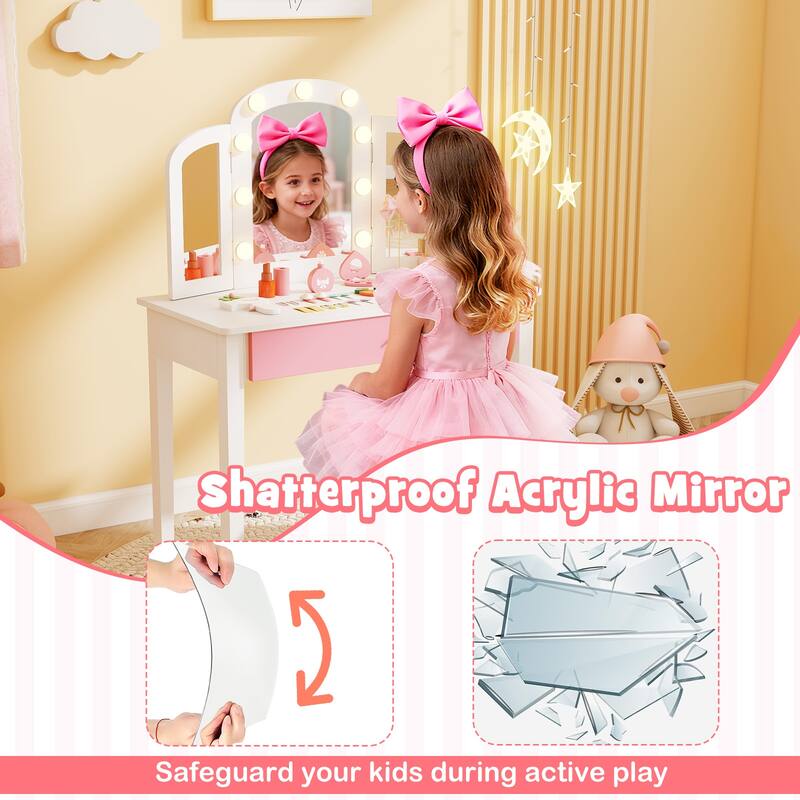 Gymax Kids Vanity Table Set 2-in-1 Princess Makeup Dressing Desk