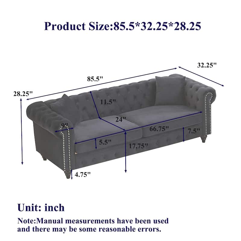3+3 Seat Velvet Deep Seat Sofas Set, Classic Chesterfield Couches with Nailheads Accent, Removable Cushions and Pillows