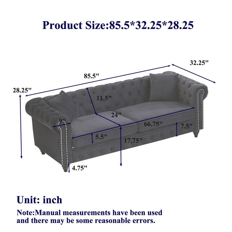 Velvet Chesterfield 3 Seater Sofa, Oversized Button Tufted Upholstered Sofa, Deep Seat Sofa with Rolled Arms & Nailhead Trim - Grey
