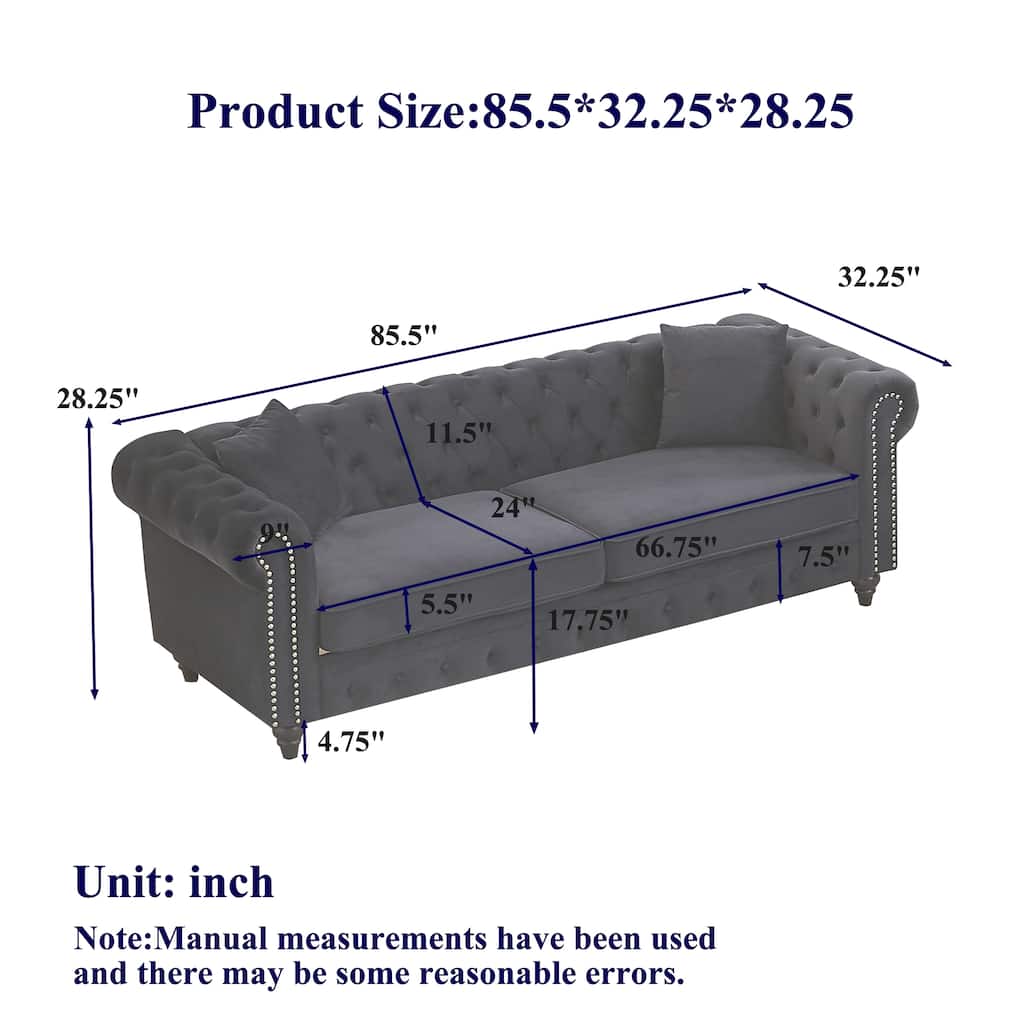 Velvet Chesterfield 3 Seater Sofa, Oversized Button Tufted Upholstered Sofa, Deep Seat Sofa with Rolled Arms & Nailhead Trim