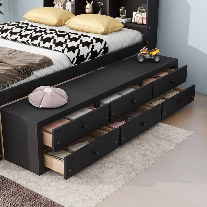 Full Bed with Bookcase Headboard Under bed Storage Drawers and Bed End Storage Case