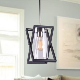 Katie Matte Black+Grey Abstract Metal Frame 1-Light Pendant with Cylinder Clear Glass Shade