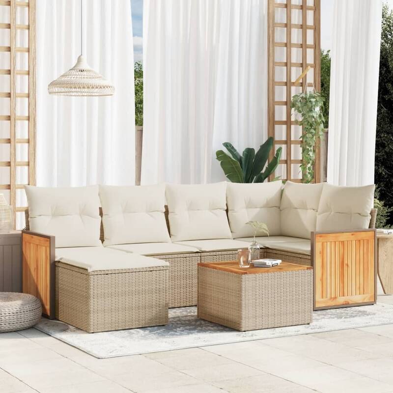 vidaXL Patio Sofa Set with Cushions Outdoor Conversation Furniture Poly Rattan - Beige and Cream-With table - 90.9 x 33.5 x 47.6