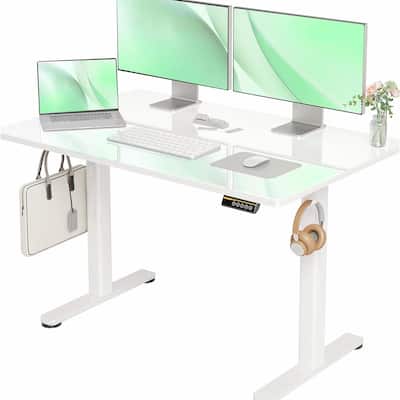 Electric Height Adjustable Desk with Tempered Glass Top, Steel Frame