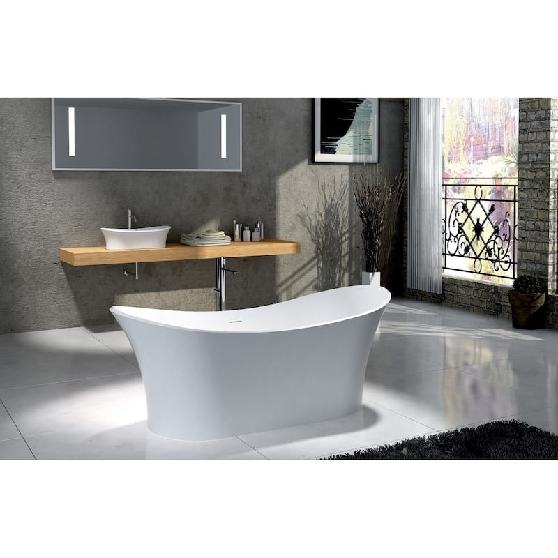 Ocean 69" Solid Surface Freestanding Soaking Bathtub in White or Gray