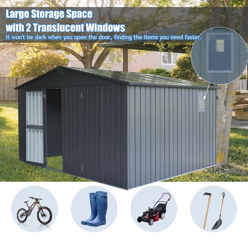 Backyard Storage Shed 11' x 12.5' with Galvanized Steel Frame & Windows, Outdoor Garden Shed Metal Utility Tool Storage Room