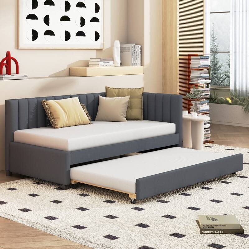 Upholstered Daybed with Twin Size Trundle, Twin Size inen Fabric Sofa Bed Frame with L-Shaped Headboard, No Box Spring Needed - Grey
