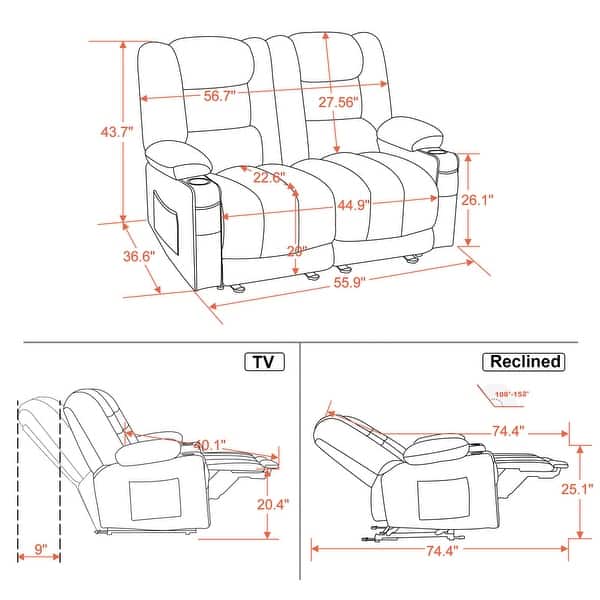 dimension image slide 1 of 2, MCombo Power Reclining Loveseat Sofa with Heat and Massage, Fabric PR648