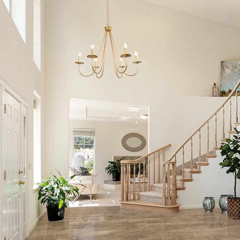 Rella Modern Farmhouse Chandelier 6-light Classic Candle Metal Dining Room Pendant - Light Gold - D28" x H24"