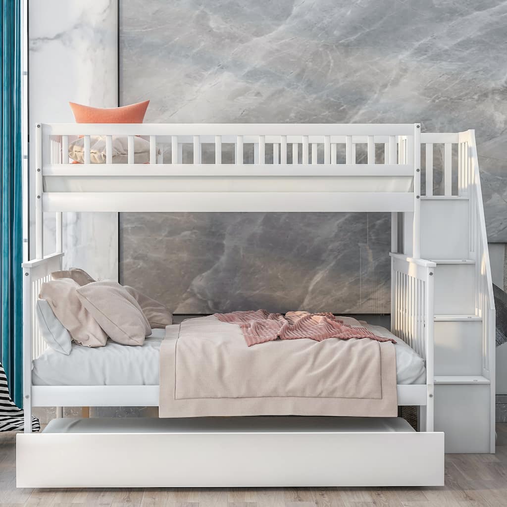 Twin Over Full Bunk Bed with Trundle and Staircase Storage, Ideal for Kids and Guests