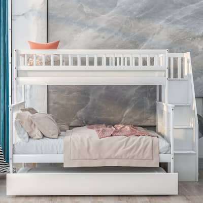 Twin Over Full Bunk Bed with Trundle and Storage Staircase, Space-Saving Design