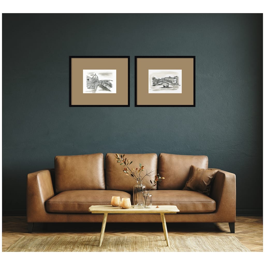 Kate and Laurel Vintage Postcard Florence & Venice 2 Piece Framed Wall Art Print Set by Teju Reval Brown Mat