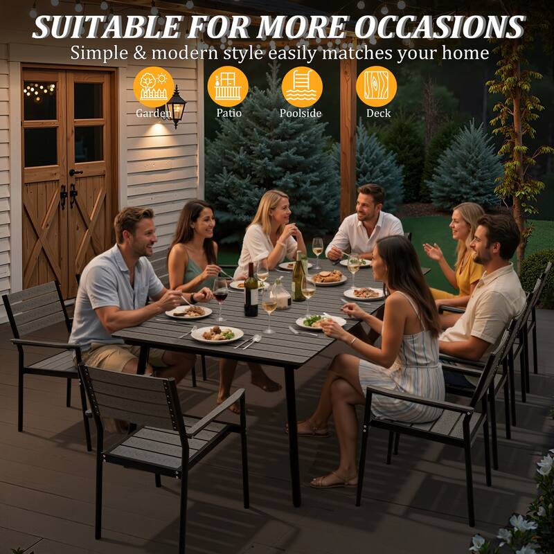 94.5in Outdoor Patio Rectangle Aluminum Wood-Like Dining Table with Umbrella Hole