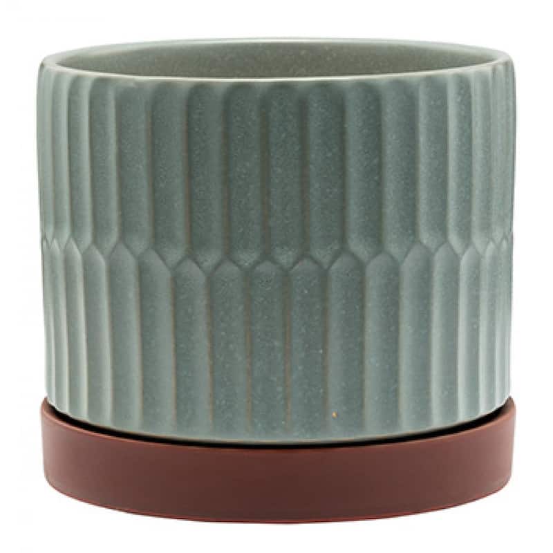 Gray Ribbed Pot With Brown Saucer Planter
